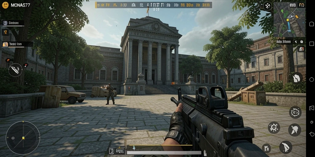 Tangkapan layar gameplay MONAS77 menampilkan aksi mendebarkan di pertempuran FPS.
