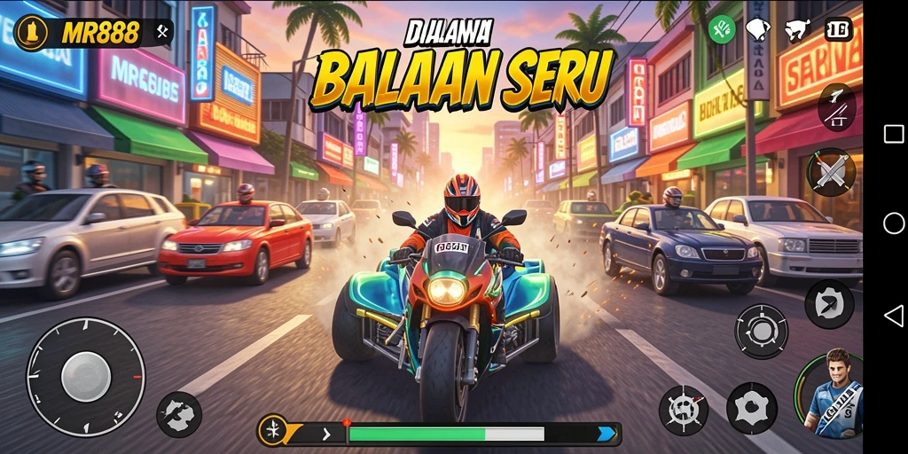 Tangkapan layar gameplay MR888 menampilkan balapan cepat dan mobil yang mendebarkan.