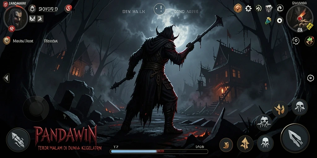 Screenshot gameplay PANDAWIN yang menampilkan suasana horor yang mencekam.