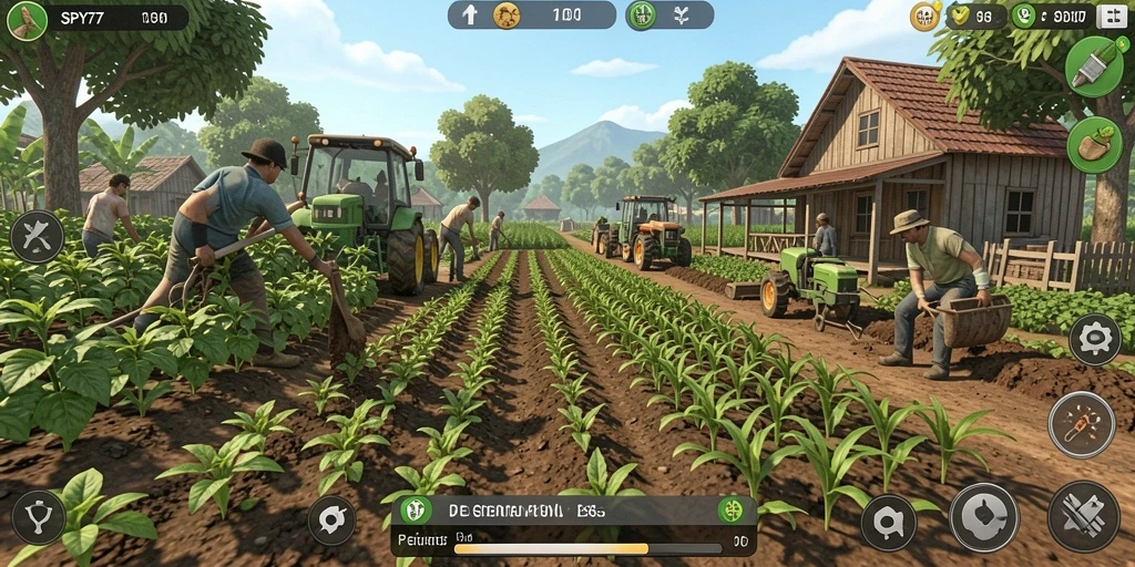 Tampilan menarik gameplay SPY77 dengan aktivitas berkebun yang seru.
